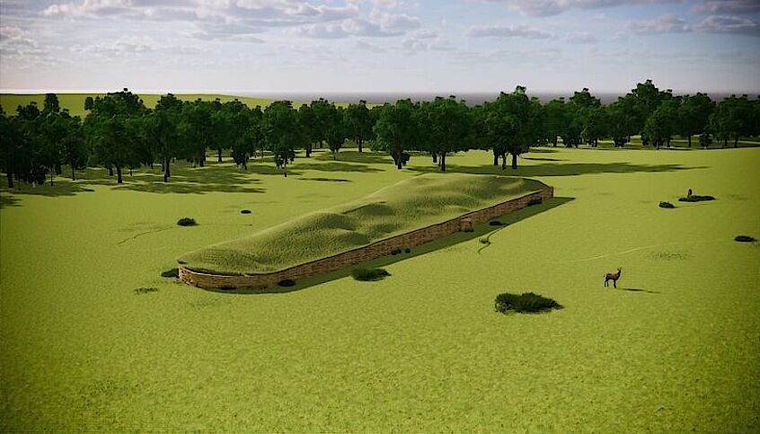 Representation of the Hazleton long barrow in the landscape. (© Courtesy of Corinium Museum, Cotswold District Council)